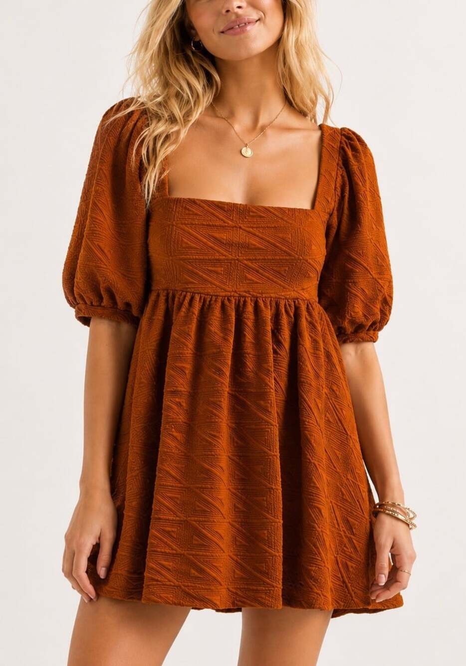Free People 'Violet' Mini Babydoll Dress Burnt Orange Puff Sleeve - Size XS